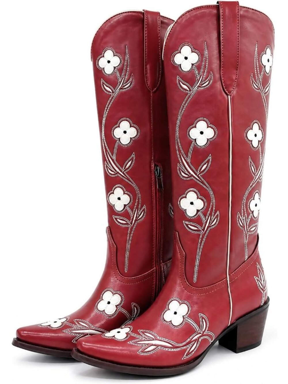 Women’s Red Knee High Cowgirl Embroidery Chunky Heel Snip Toe Western Boots